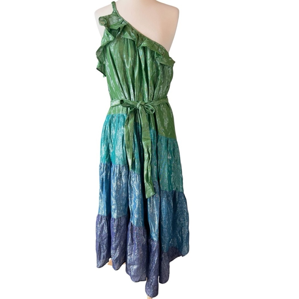 Anthropologie Maeve Metallic Ruffled One-Shoulder Color Block Belted Midi Dress